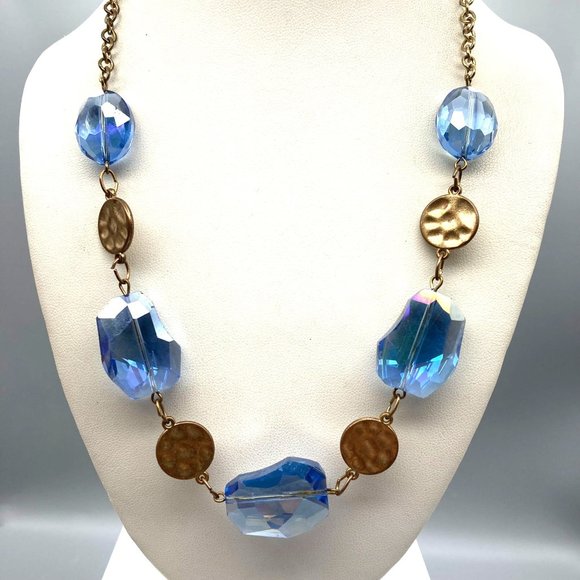 Vintage Sparkling Blue Crystal Necklace with Gold Tone Hammered Discs, Retro - Picture 1 of 4